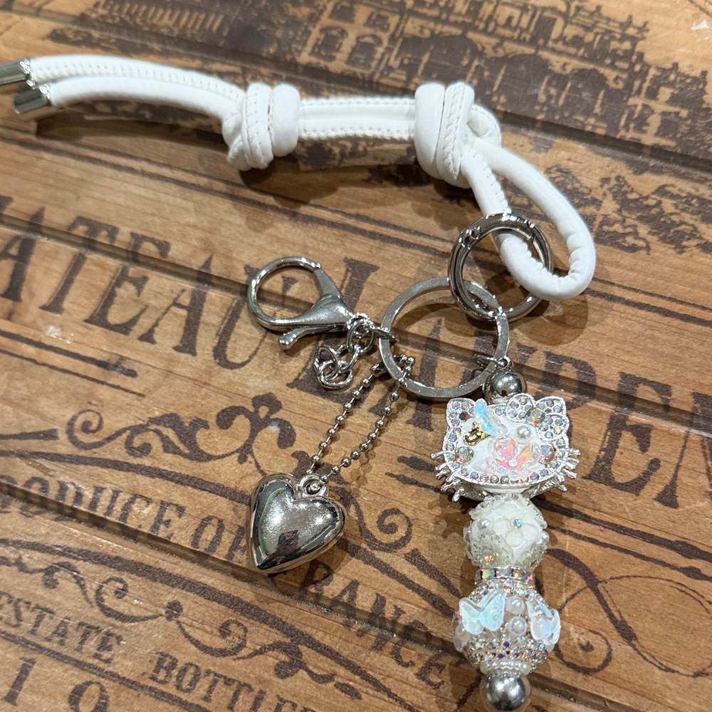 White and Silver Keychain with Heart Charm